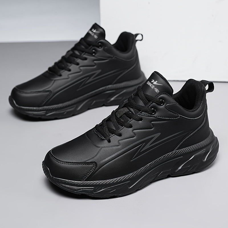 Men's black road running shoes with a casual sporty style, durable rubber sole, comfortable fabric lining, and low-top lace-up design. Suitable for all seasons, these athletic sneakers are