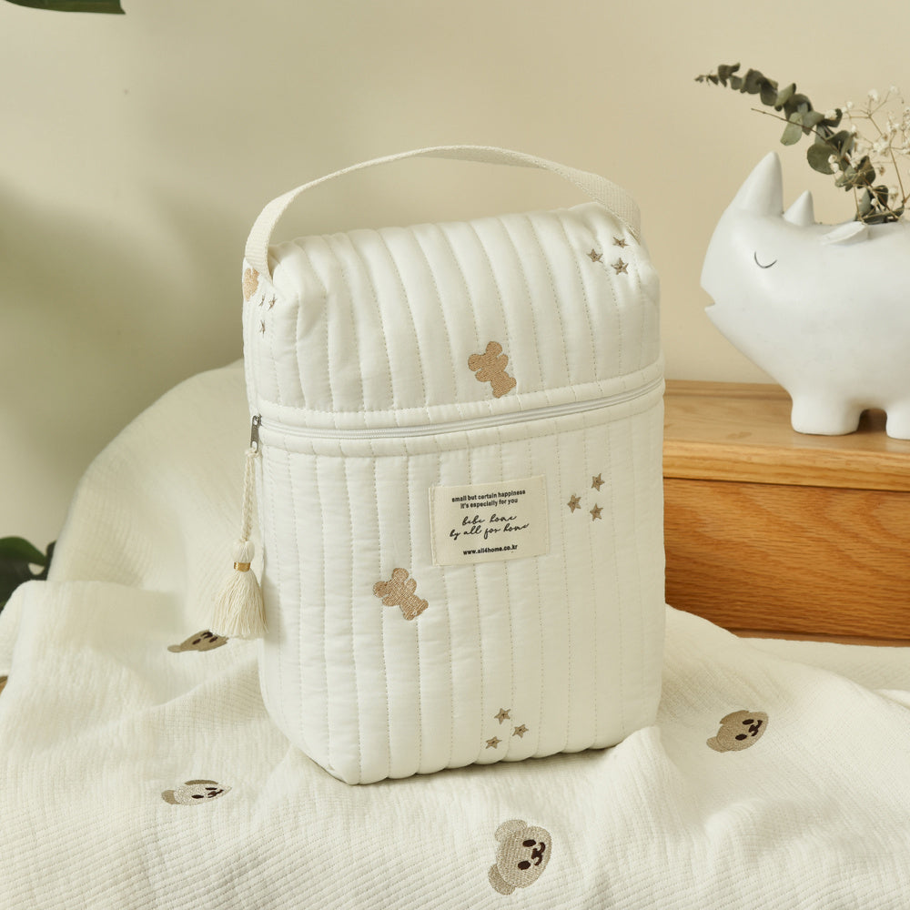 Diaper wipes bag made of cotton with high-end embroidery. Can be used as a feeding bottle diaper storage bag, baby stroller hanging bag, mother storage bag, or handbag with zipper closure.