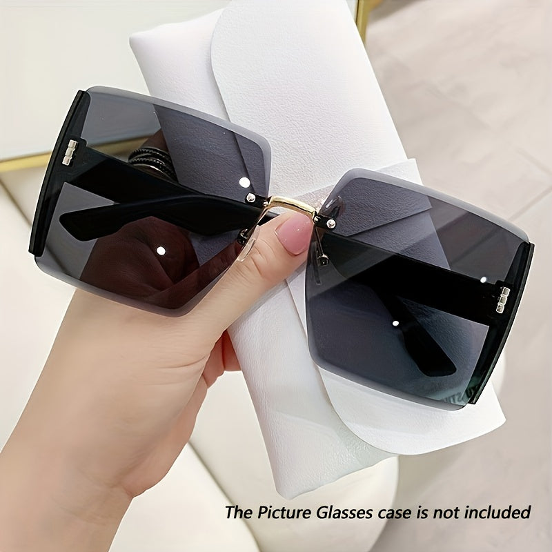 Oversized gradient lens glasses for casual outdoor activities, unisex design with rimless plastic frame and resin lenses, ideal for hiking and beach trips.