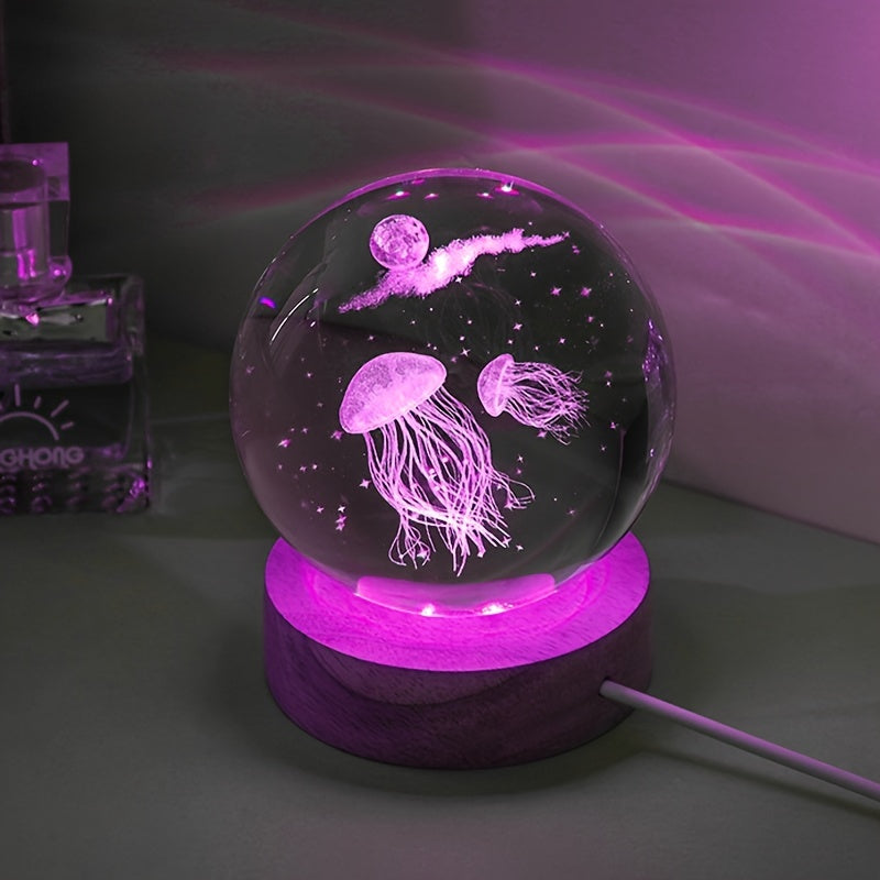 3D Dream Jellyfish Laser Engraved Crystal Ball LED Night Light - Perfect Creative Birthday Gift for Girlfriend, Classmate, or Wife.