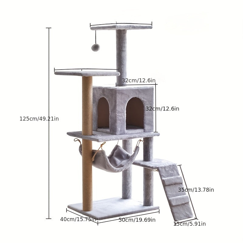 Multi-level cat tree with enclosed house, solid wood tower, sisal rope scratching posts, plush wrapped platforms, and interactive playhouse for cats. Great for durable and healthy paw care