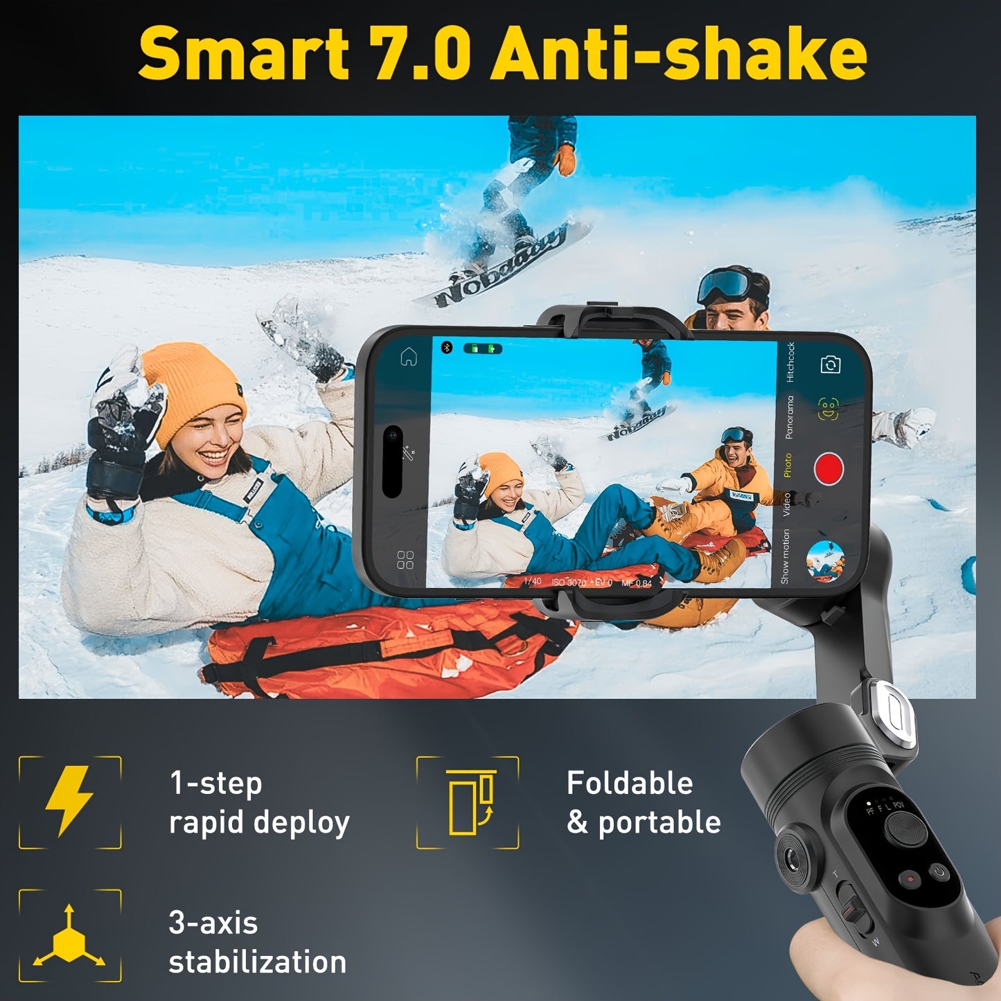 AOCHUAN Smart X Smartphone Gimbal Stabilizer with Built-in LED Light, 3-axis Foldable, Suitable for Vlogging on iPhone and Android.