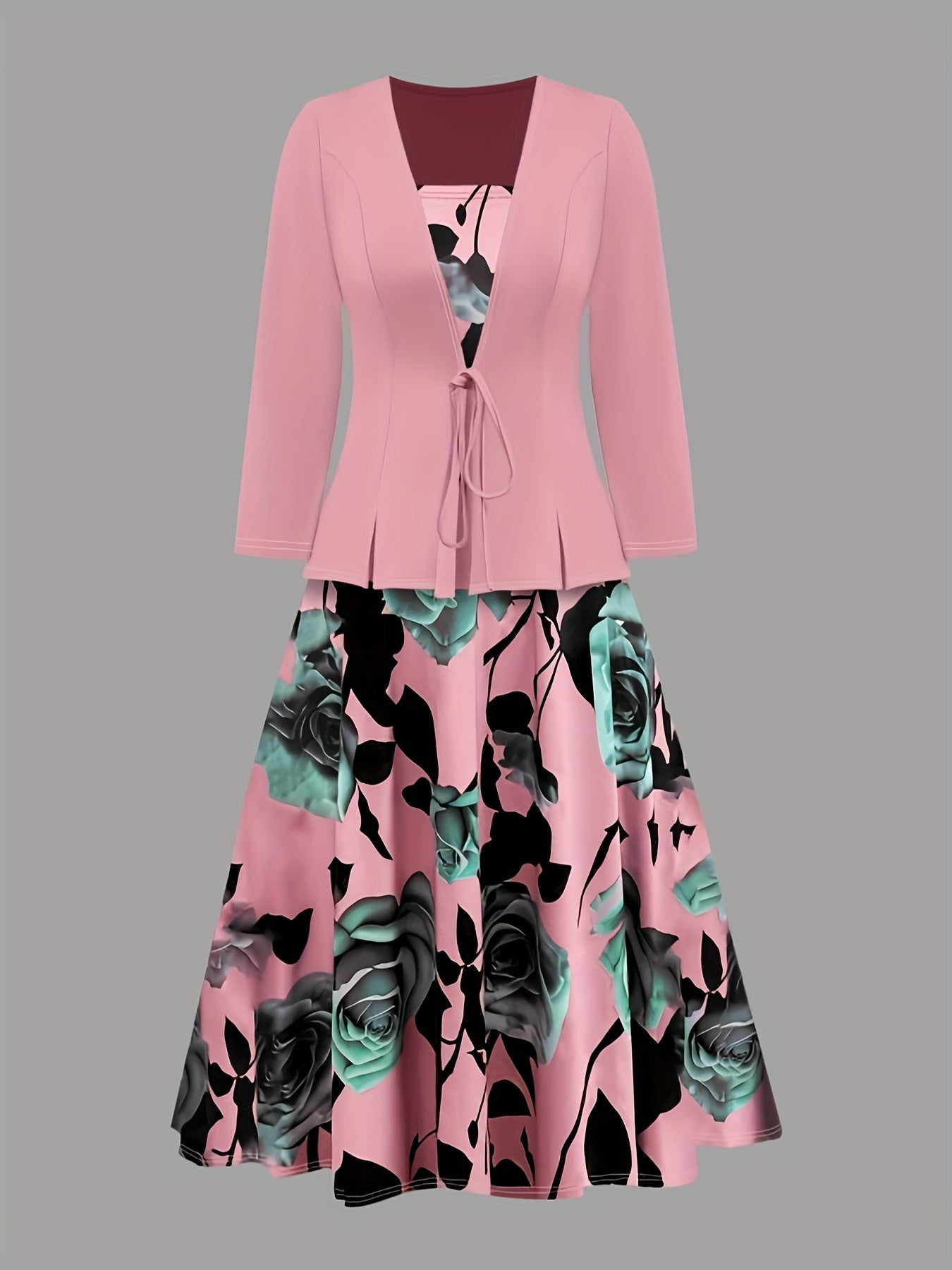 Women's elegant 2-piece set: small cardigan with lace-up detail + rose flower dress