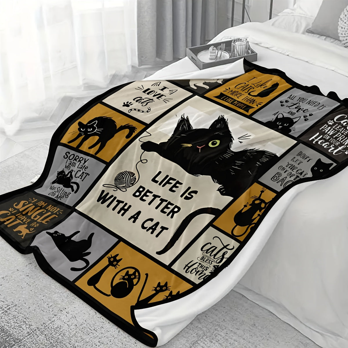 Contemporary Cat-Themed Flannel Fleece Blanket: This stain-resistant, all-season knit fabric throw features geometric animal patterns and digital print designs. Perfect for adding a touch of fun to your sofa or bed decor.