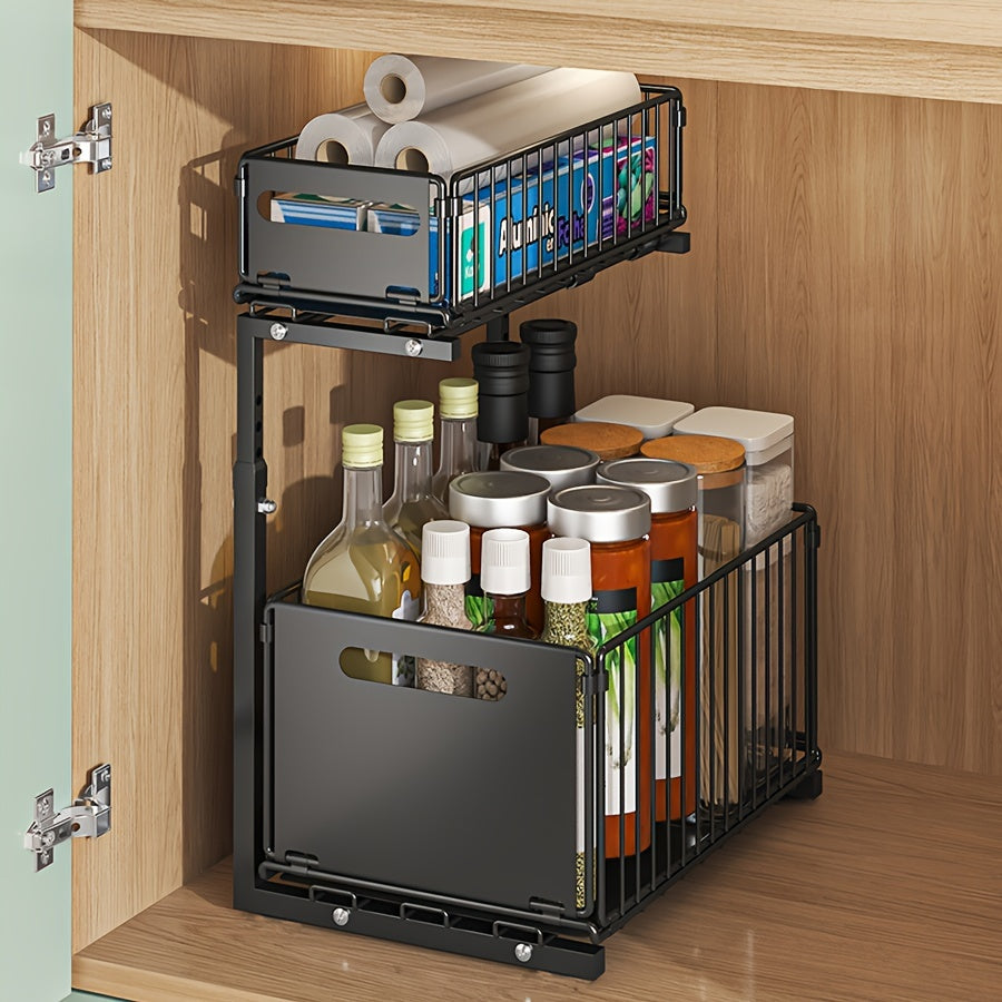 Black 2-tier metal under sink organizer for kitchen/bathroom, pull-out cabinet storage, slide out shelf - 1 piece.