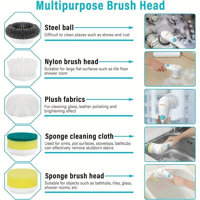 A cordless handheld cleaning brush with 5 interchangeable brush heads for use in bathrooms and kitchens.