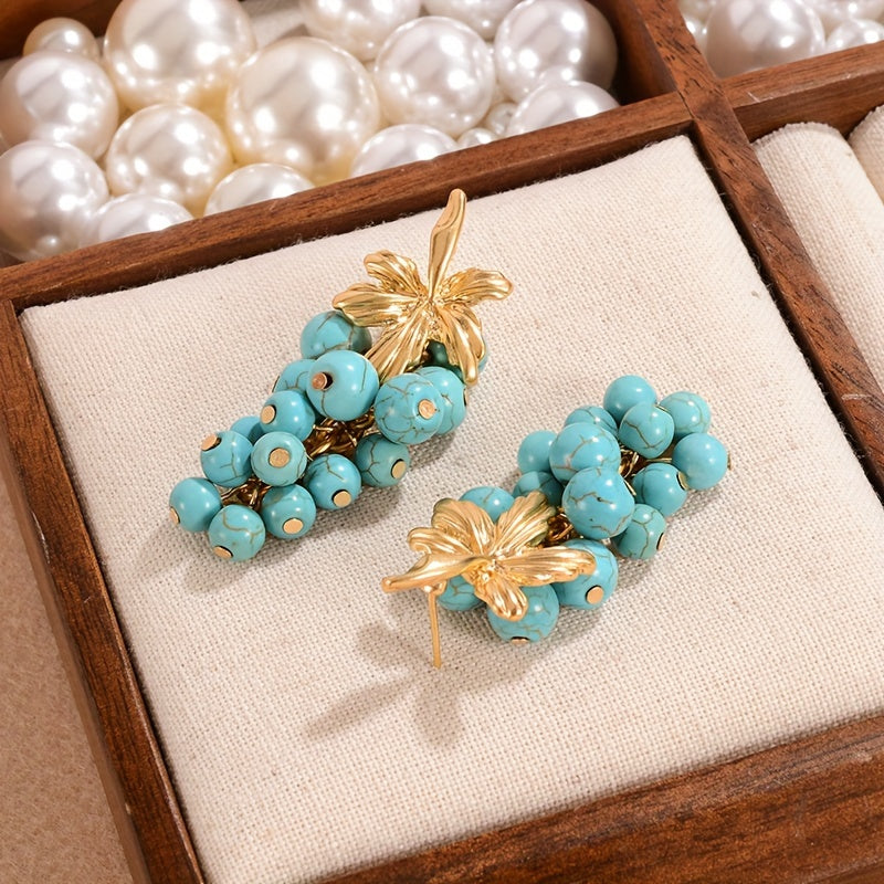 Vintage boho style turquoise cluster drop dangle earrings for women plated in 18K gold, featuring fashion alloy grape bunch tassel design with silver ear needle. Perfect for daily wear and special party occasions, exuding elegance.