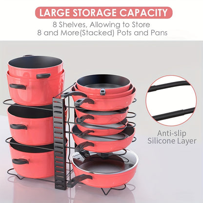 Adjustable 8-Tier Pot and Pan Organizer Rack for Kitchen Cabinets - Space-Saving Storage Solution, Available in Red & Black, Easy DIY Assembly.