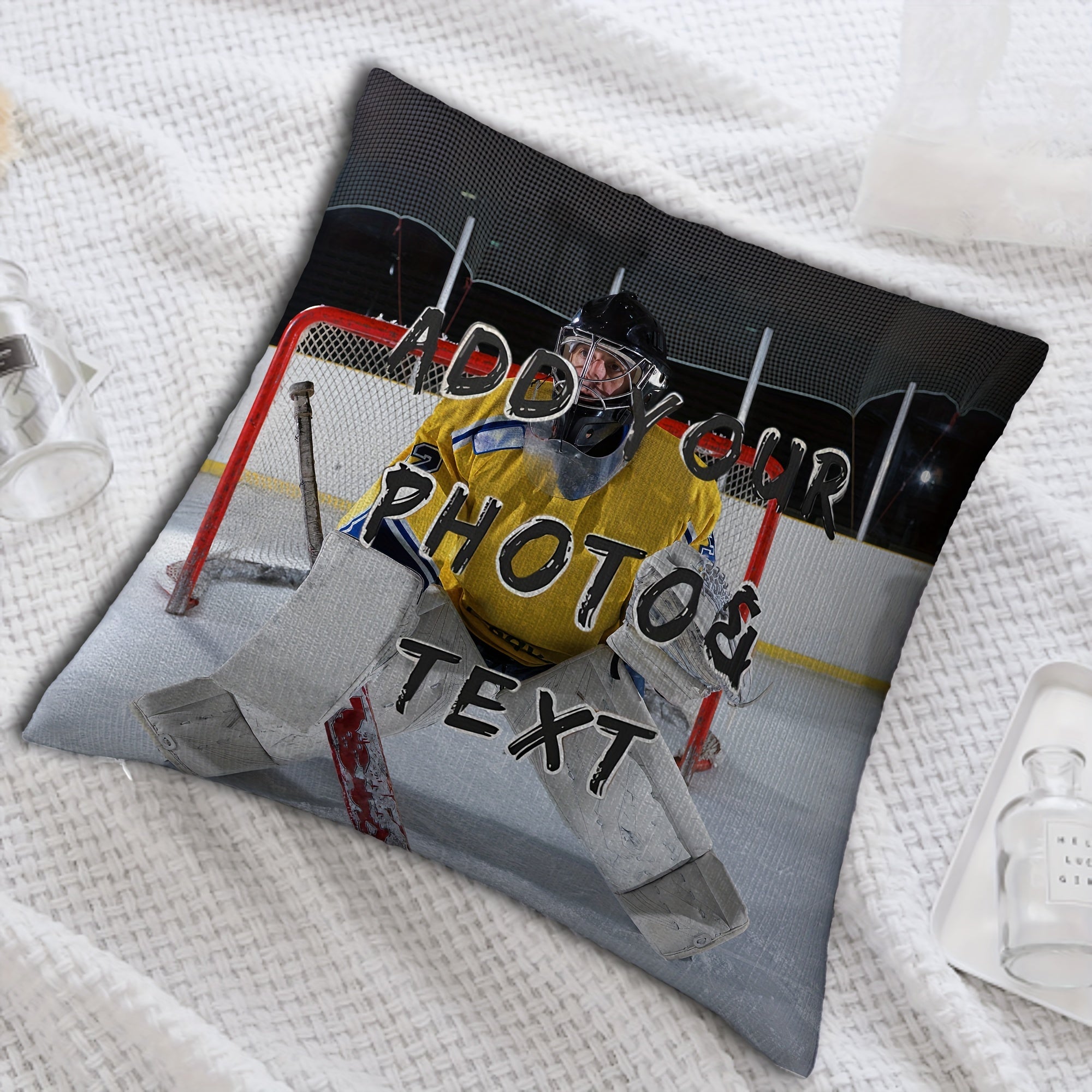 One personalized ice hockey goalie photo pillow cover available for purchase. Made of polyester and short plush material with a single-sided print. Does not come with an insert. Designed to fit a 45.72x45.72 cm pillow. Perfect gift for hockey fans