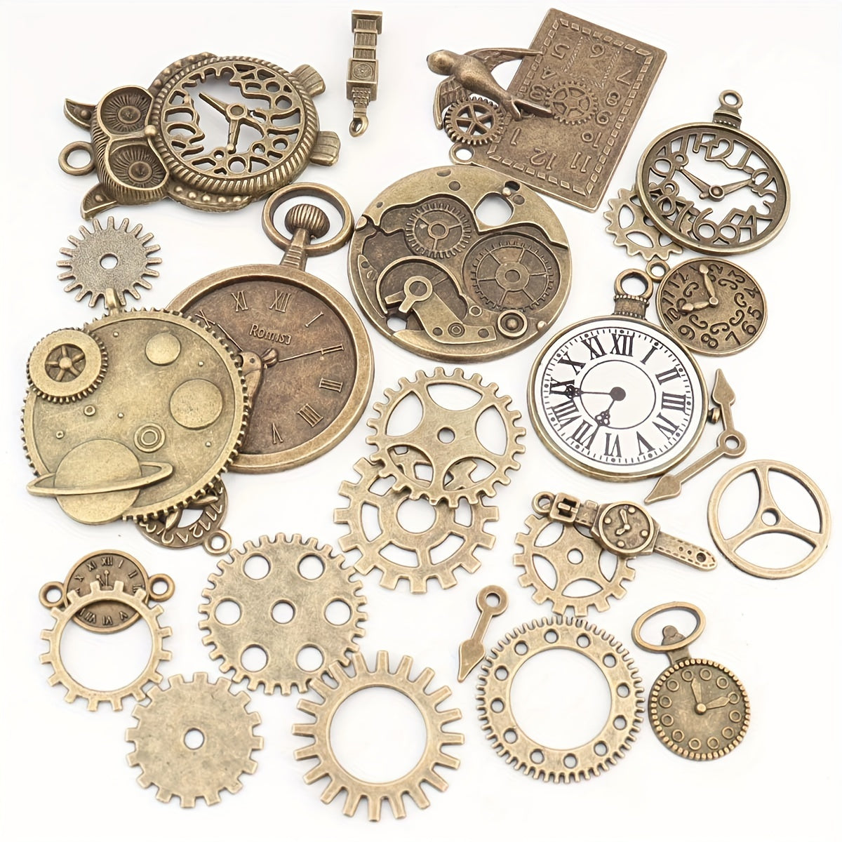 [Best-Selling] Set of 160 Vintage Bronze Alloy Charms - Steampunk Mechanical Gear & Clock Pendants for DIY Jewelry Making, Retro Style with Antique Bronze Finish