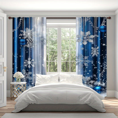 Christmas Blue Festive Curtains Set includes 2 pieces - Featuring Rod Pocket Design and Digital Printed Polyester Drapes perfect for Living Room, Kitchen, and Dining Decor (Rod Not Included)