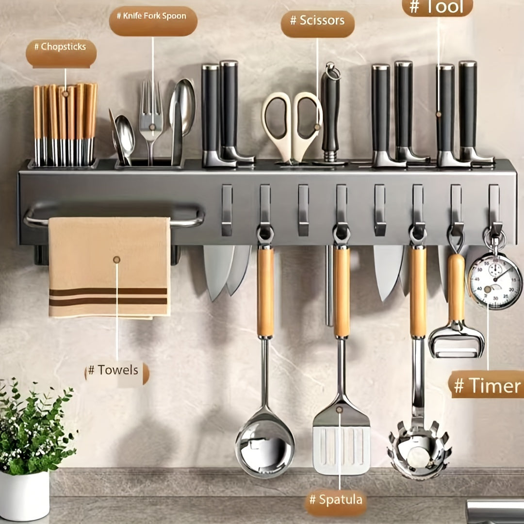 Wall-mounted knife rack made of premium carbon steel, offering a large capacity for organizing knives, spatulas, spoons, forks, chopsticks, and towels. Features integrated dry and wet separation draining storage, no-drill installation, and a