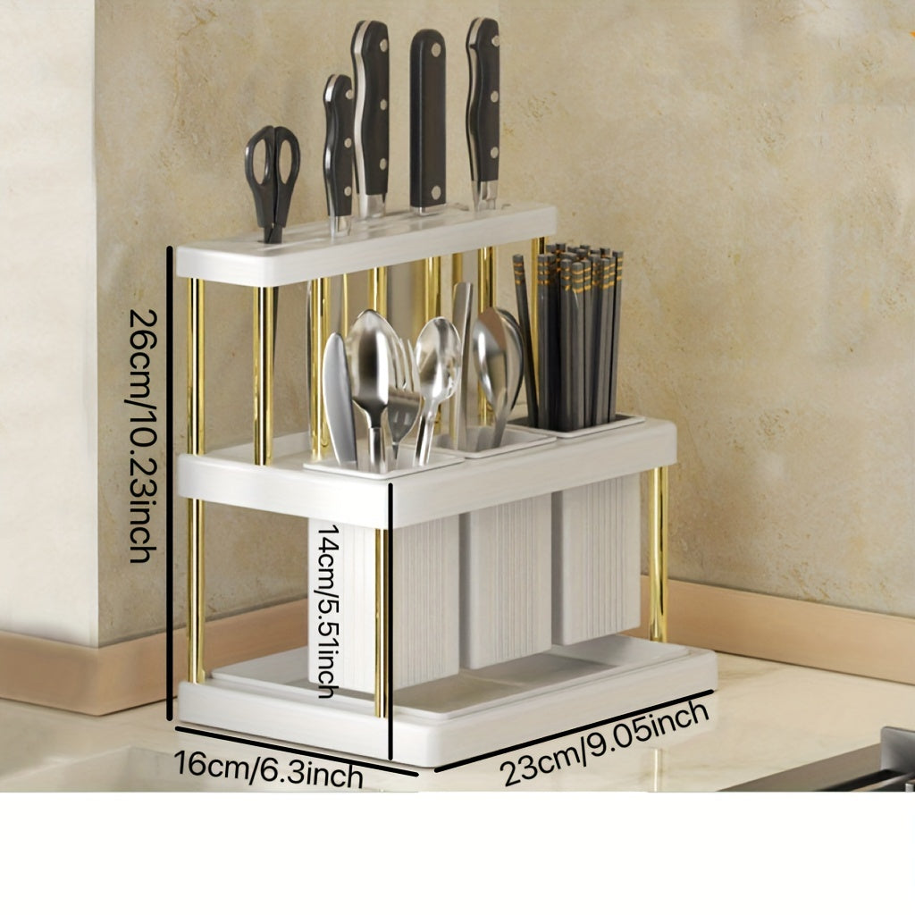 Storage rack for kitchen knives, chopsticks tube, and integrated storage box for restaurant kitchen knives.