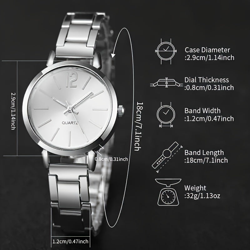 Six elegant ladies quartz watches and bracelet suits with round zinc alloy case, stainless steel strap, casual round simulation dial with steel band, and shock-proof movement.