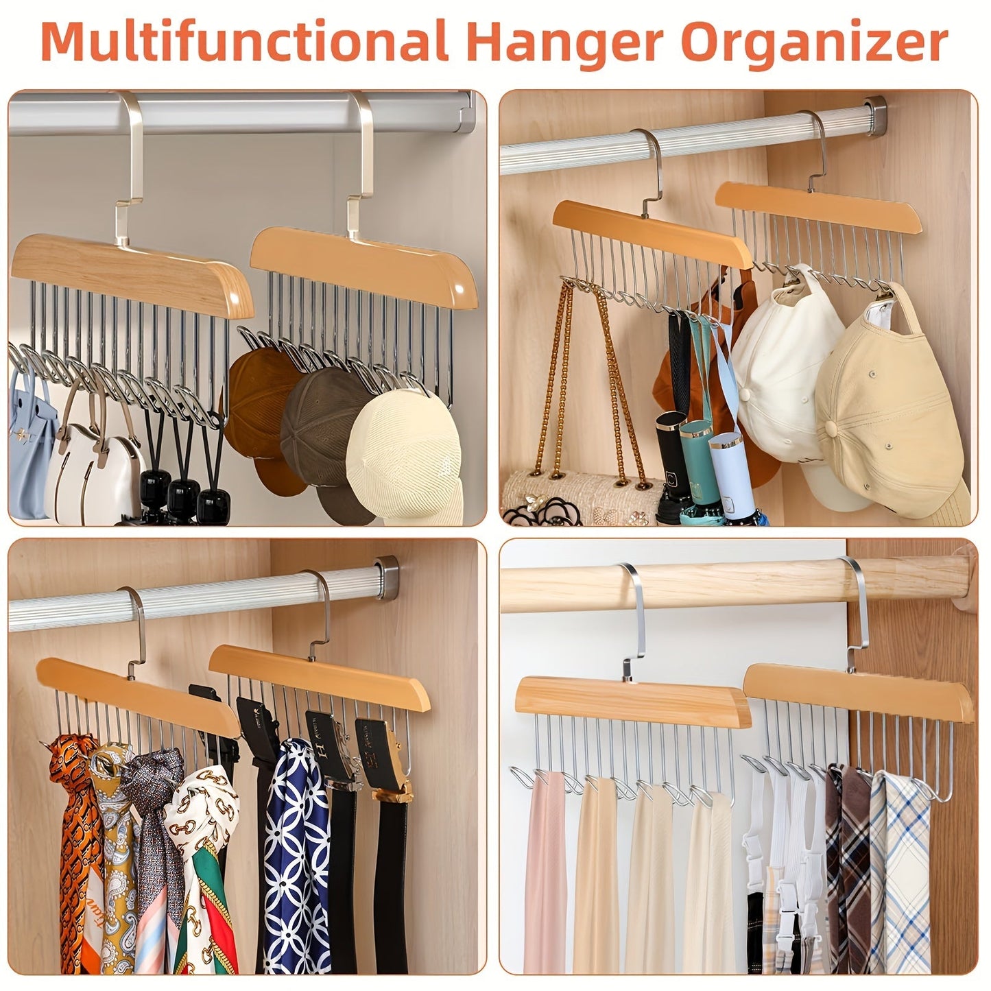 Wooden hanger with 8 hooks, perfect for organizing underwear, vests, ties, and more. Space-saving storage and drying rack for clothes.