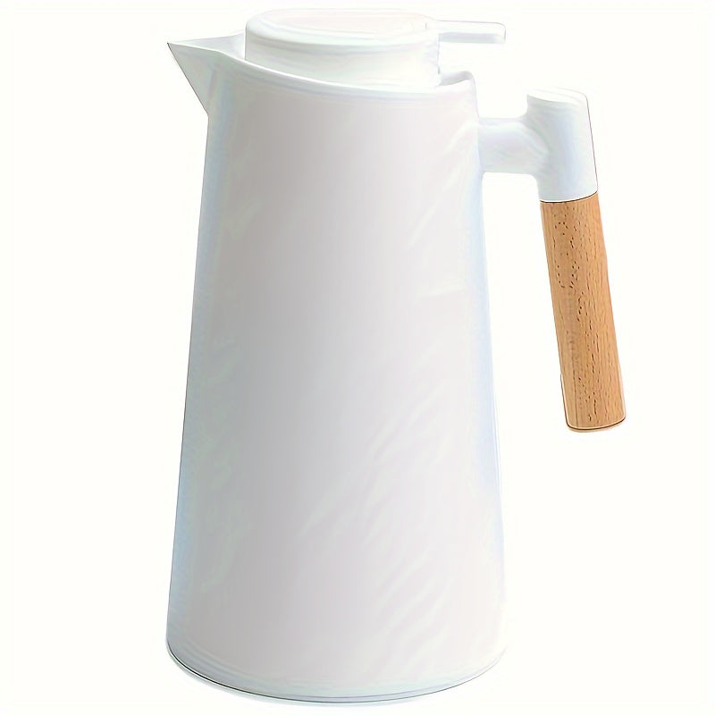 Dual-layer vacuum insulated coffee pot with wooden handle. Ideal for hot and cold beverages, requires no electricity.