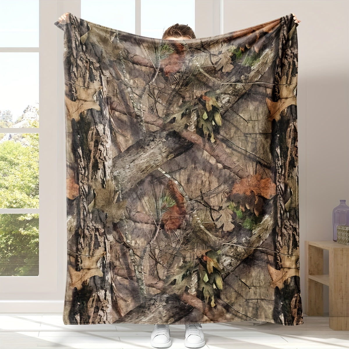 Ultra-clear digital print flannel hunting camouflage forest blanket, incredibly cozy and snug, perfect for outdoor adventures, traveling, staying cool indoors, or catching a quick nap.