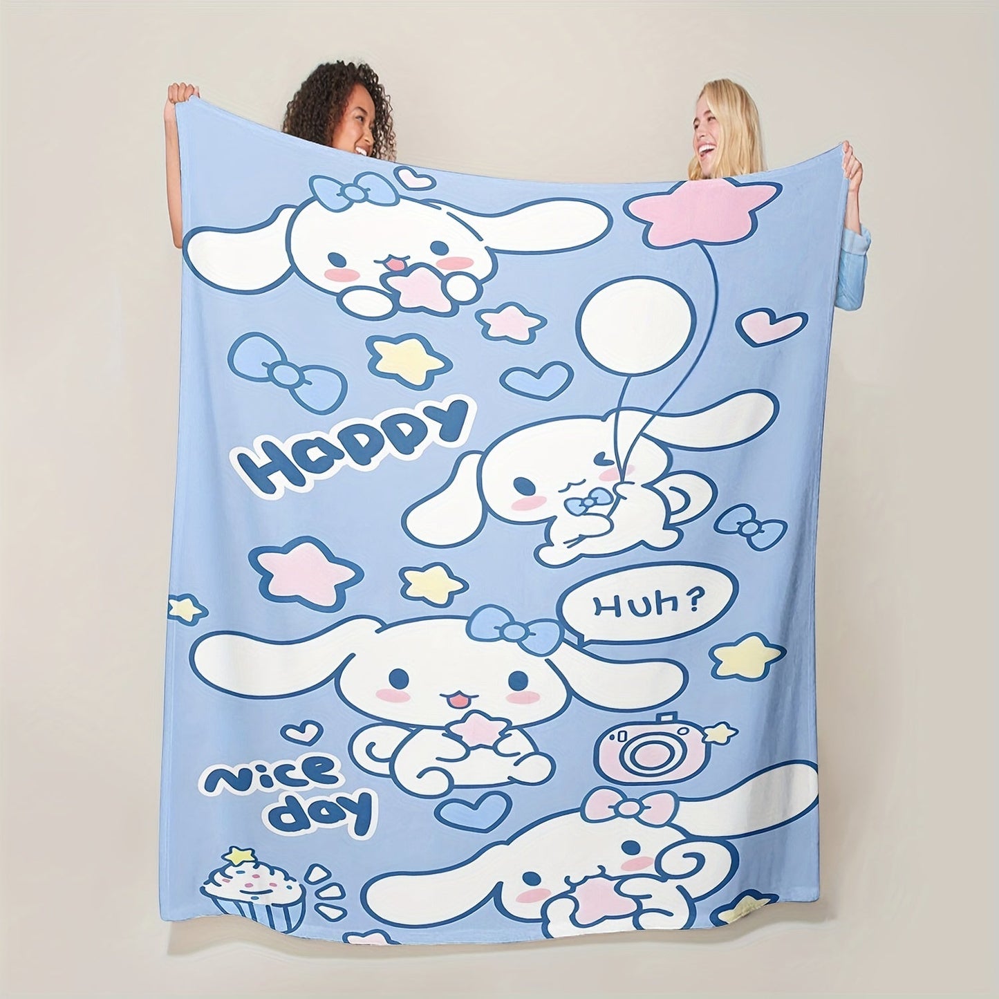 Soft and warm Sanrio Cinnamoroll plush flannel throw blanket featuring a cozy cartoon print. Perfect for adding a touch of cuteness to your bedroom, living room, or for taking on camping trips and travel adventures. This multi-purpose gift is sure to