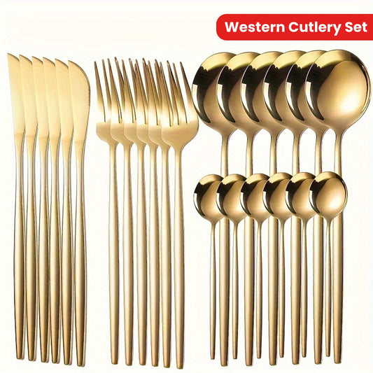 Set of 24 stainless steel cutlery pieces for home, restaurant, hotel, party, or wedding use. Includes steak knife, fork, spoon, tea spoon, dinner fork, dinner spoon, fruit fork, and dessert spoon.