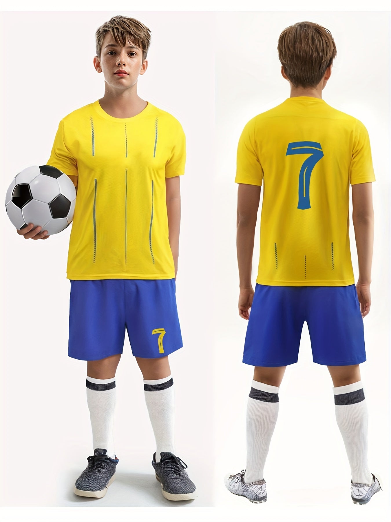 Youth soccer jersey set in vibrant yellow and blue includes shirt, shorts, and socks featuring #7. Made of durable polyester, machine washable for year-round play.