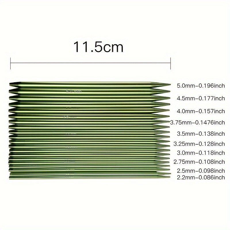 Green aluminum oxide interchangeable knitting needles for versatile sweater making.