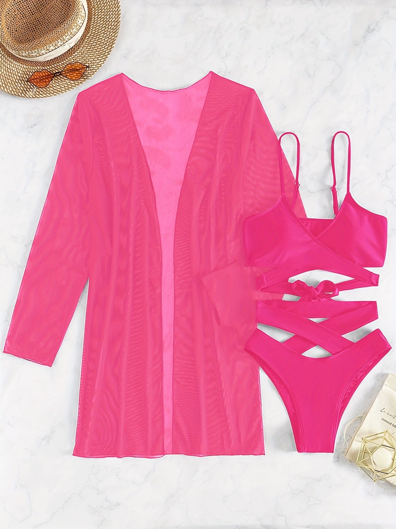 V-neck bikini set with high-cut bottoms, criss cross straps, long-sleeve cover up shirt.