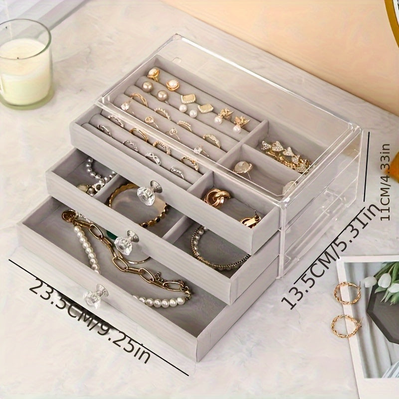 Modern 3-layer acrylic jewelry organizer with fabric lining for rings, necklaces, and bracelets. No electricity needed. Rectangle shape made of plastic material. Oxidation-proof and exquisite design. Jewelry storage solution.