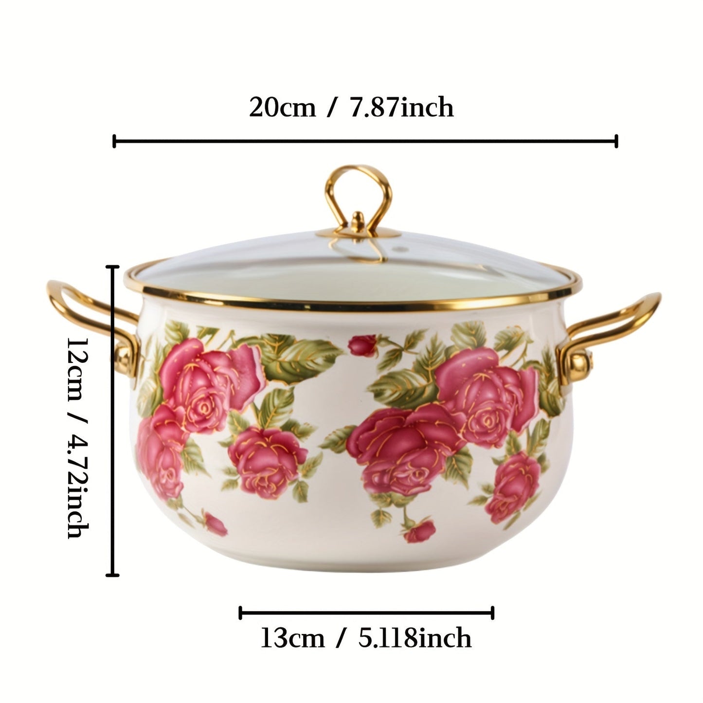 Luxurious stockpot with gold handle and lovely rose flower enamel design. Comes with a durable glass lid and is offered in four different sizes. Perfect for high-end cooking in your home or outdoor kitchen.