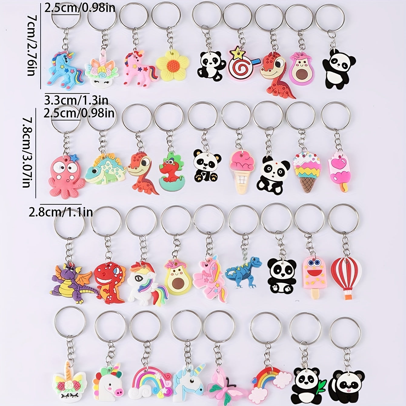 Set of 100 adorable cartoon keychains featuring panda, rainbow, and avocado charms - ideal for adding a touch of cuteness to your bags and keys. The perfect gift for women.