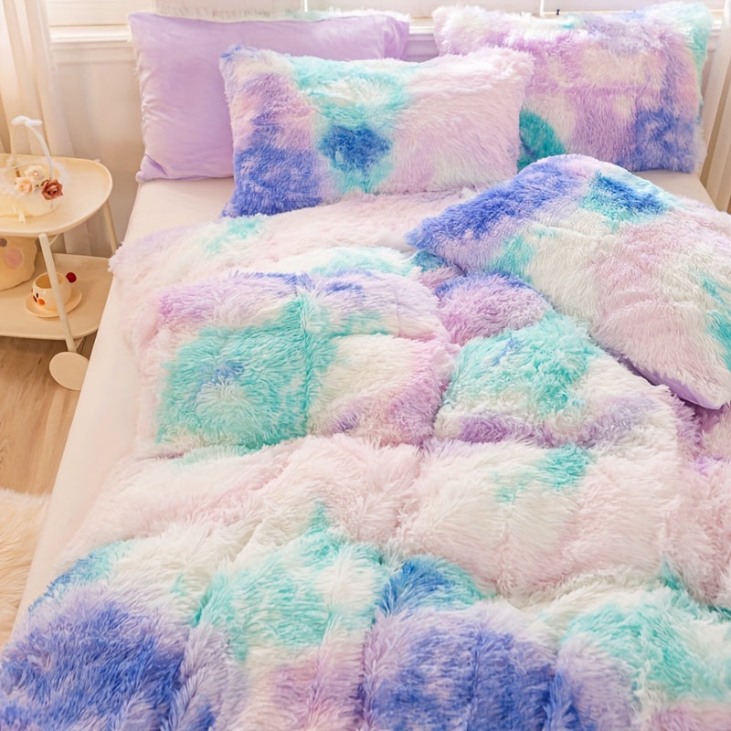 Y2K Tie Dye Plush Duvet Cover Set includes 3 pieces (1 Duvet Cover + 2 Pillowcases), providing soft and warm bedding.