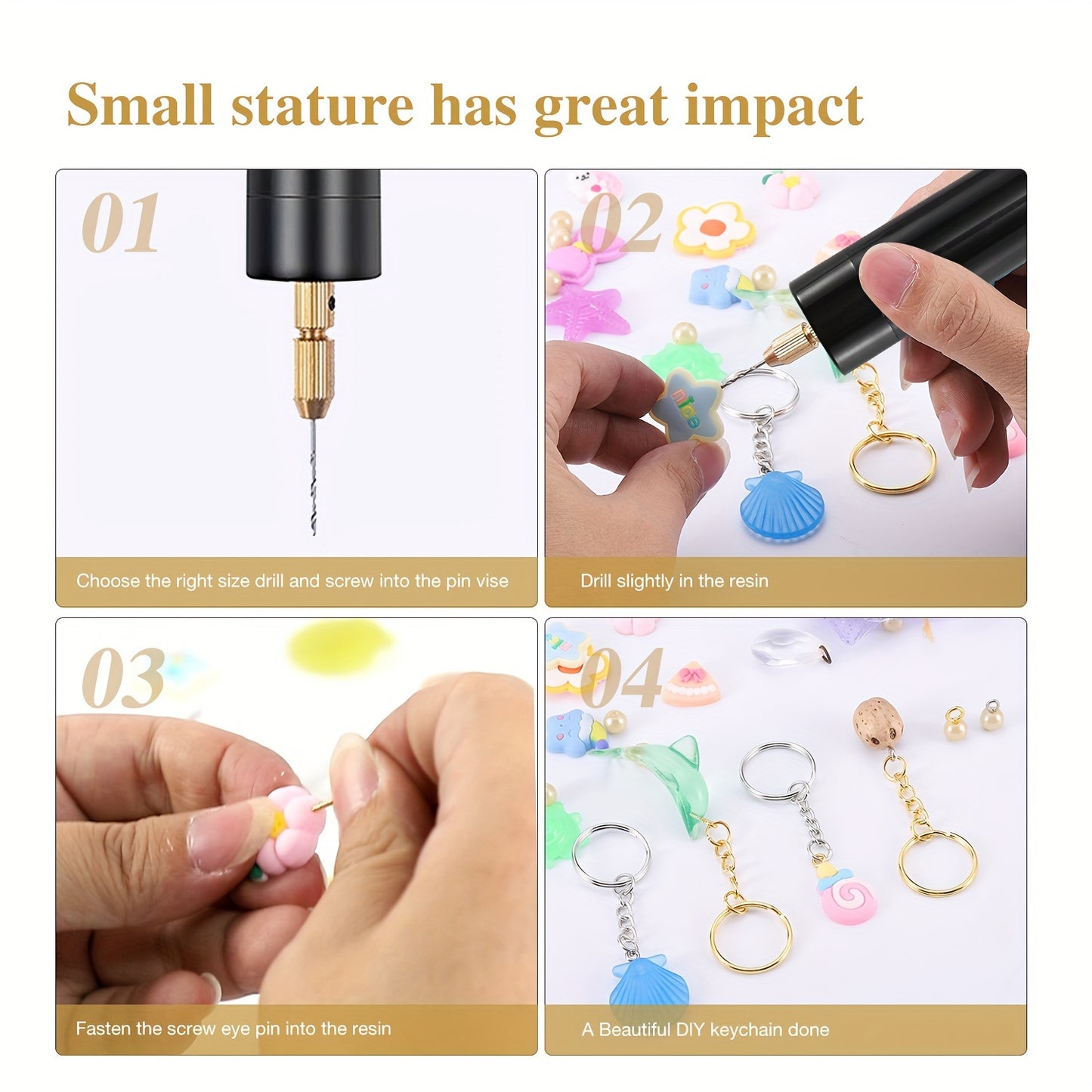 DIY Jewelry Hole Punch Kit with USB Electric Drill, Golden-Tipped Bits for Pearl & Crystal Crafts, Includes 3D Pendant Tool.