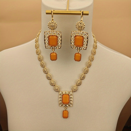 Top Pick: Vintage Boho Jewelry Set, Featuring Zinc Alloy Necklace and Earrings Adorned with Green and Orange Rhinestones. Middle Eastern Inspired Design Perfect for Weddings, Festivals, and Ramadan Gifts. Versatile for All Seasons with Arabic Rhinestone