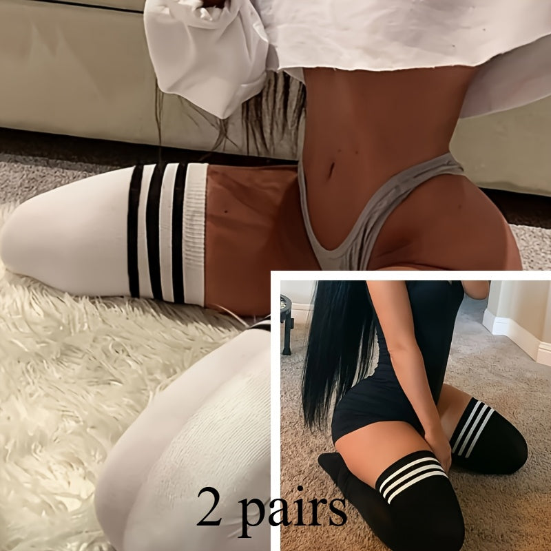 Two-pack of unisex preppy style over-the-knee socks, made of high elasticity polyester knit fabric for adults. Hand washable.