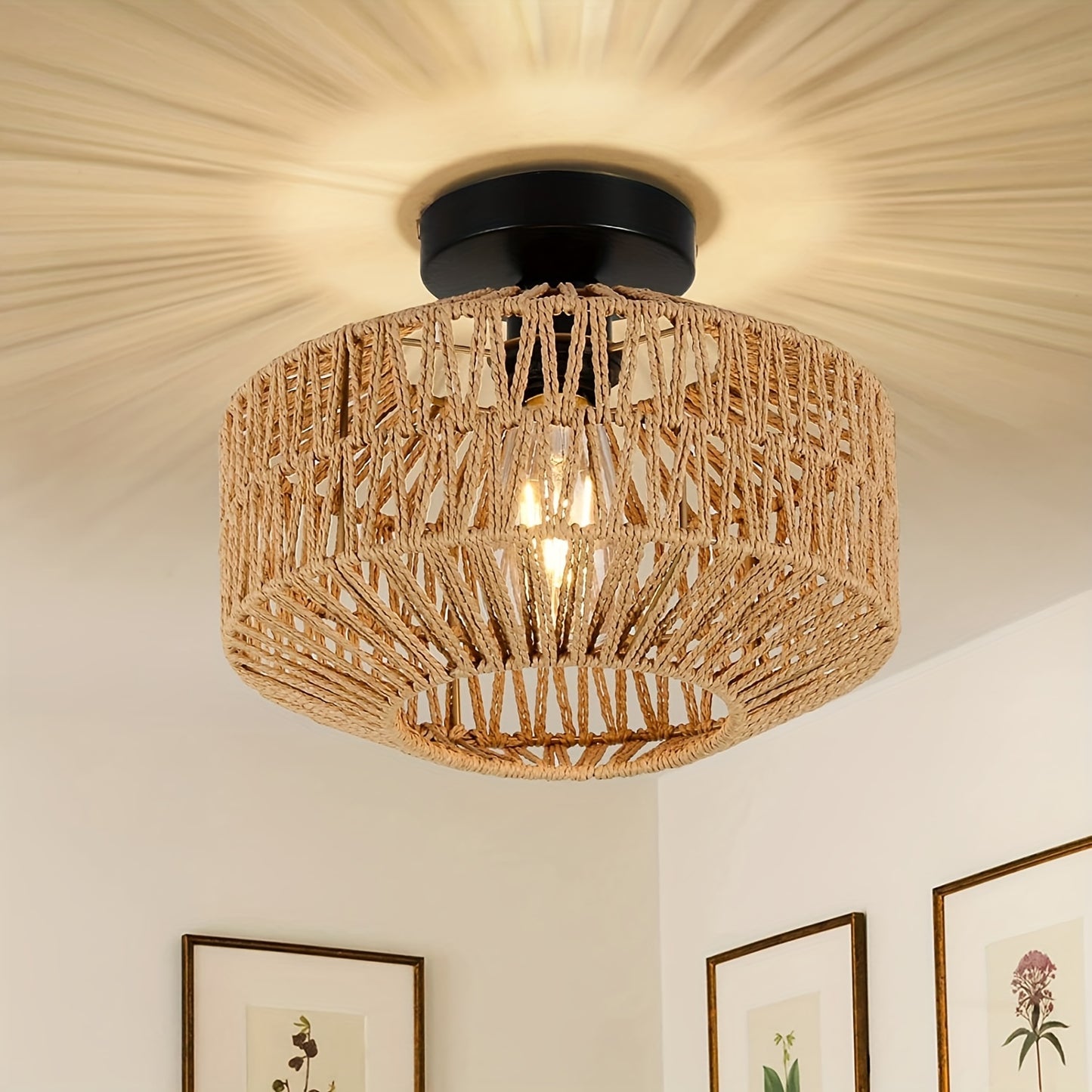 Bohemian style semi-flush mount ceiling light fixture with hand-woven rattan shade and modern metal frame. Energy-efficient, hard-wired, E26 medium bulb base. Suitable for bedroom, living room, kitchen, hallway. Light source not included.