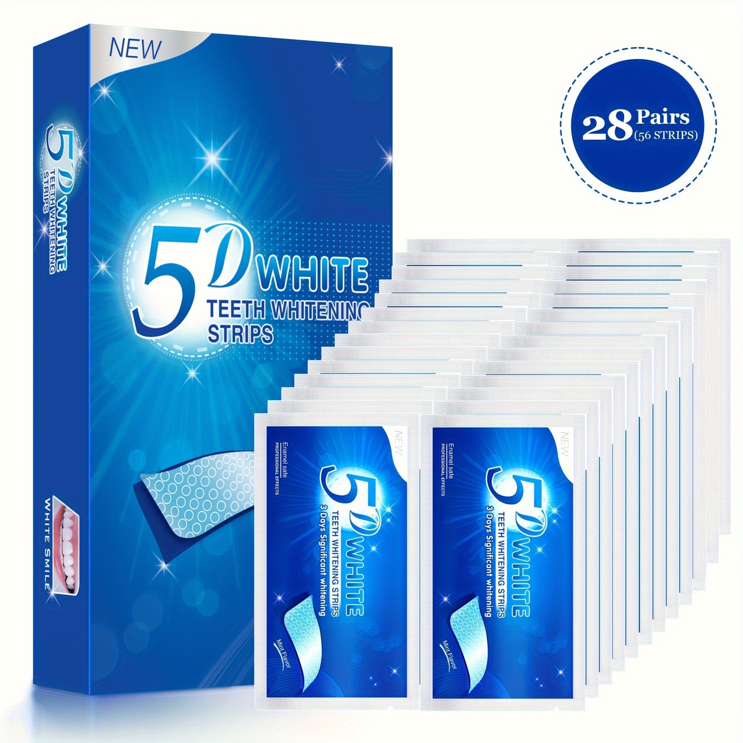 56 pieces of teeth whitening strips. Safe, effective and sensitivity-free for quick and effective brightening.