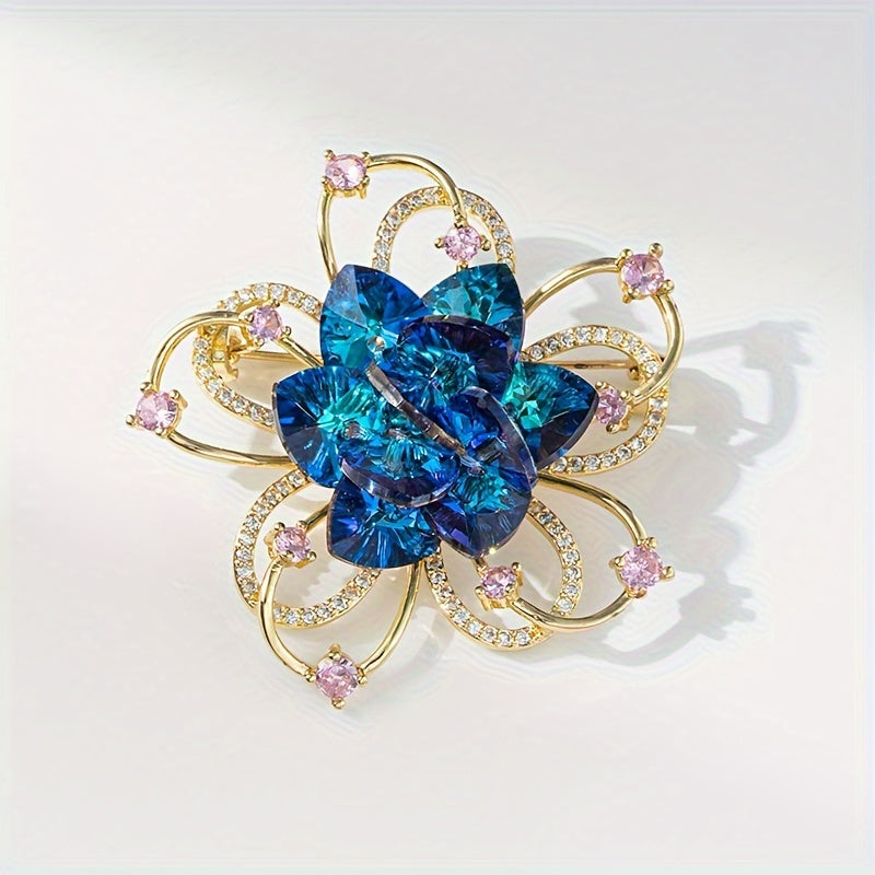 This elegant and exquisite flower brooch, adorned with sparkling rhinestones, is perfect for adding a touch of glamour to ladies' accessories such as bags, hats, coats, and badges.