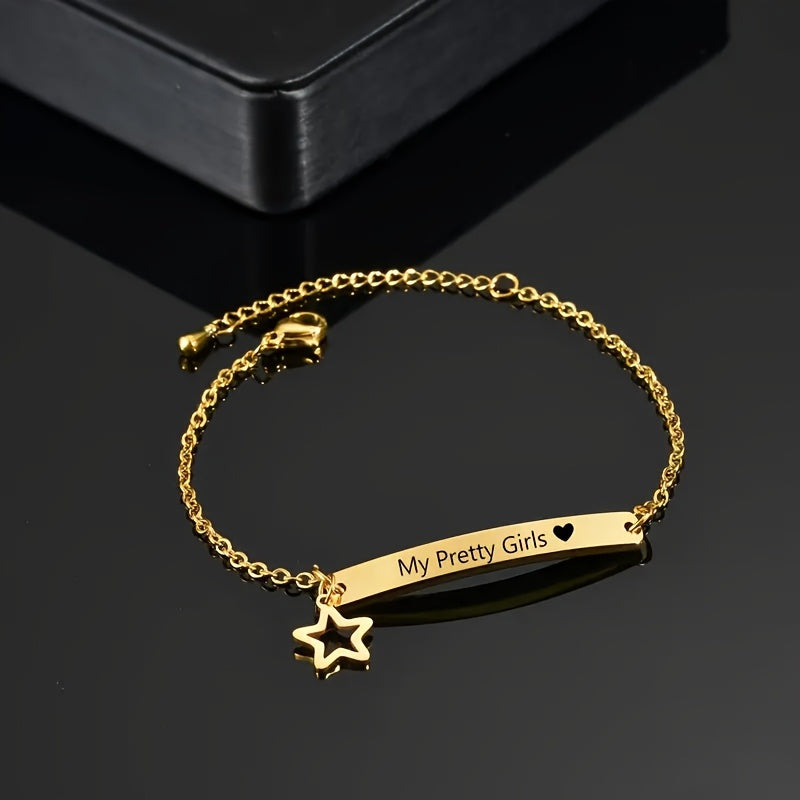 Elegant Minimalist Custom Name Bracelet for Women, Made of Stainless Steel with Heart and Star Charms. Ideal Gift for Any Occasion. Personalized and Suitable for Giving. Add a Touch of Bling to Your Look.