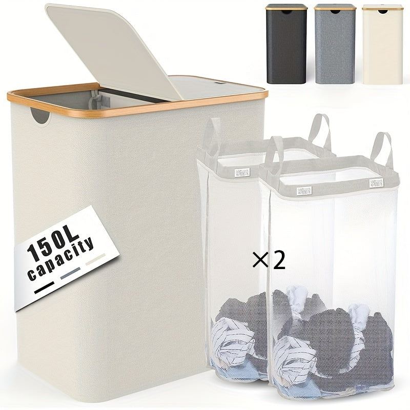 Large laundry hamper with lid and 2 detachable bags, perfect for organizing dirty clothes in laundry rooms, bathrooms, and dormitories. This foldable storage basket is a must-have for home organization and back-to-school supplies.