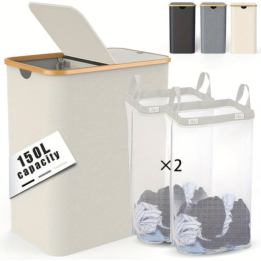 Large laundry hamper with lid and 2 detachable bags, perfect for organizing dirty clothes in laundry rooms, bathrooms, and dormitories. This foldable storage basket is a must-have for home organization and back-to-school supplies.