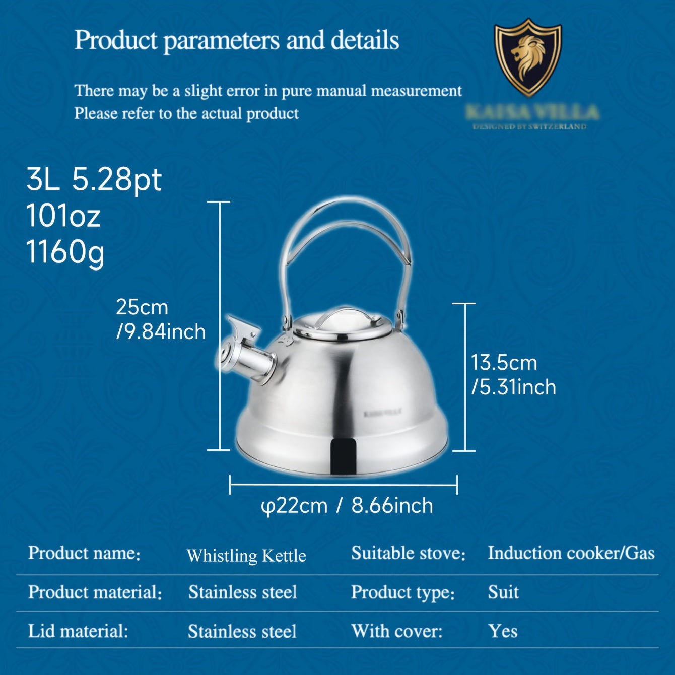 Kaisa Villa Stainless Steel Whistle Kettle, 3L, Suitable for Electric & Gas Stoves, No Electricity Needed, 3-Layer Composite Base, Ideal for Home Kitchen Utility