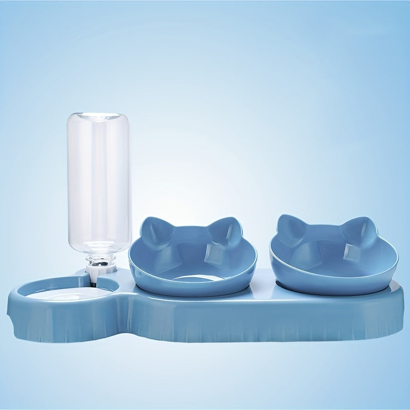 Tilted double pet bowl set with automatic water feeder and gravity water bottle for neck protection.