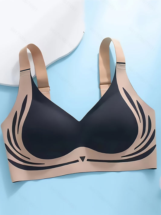 Seamless soft support t-shirt bra with geometric pattern, knitted fabric, no underwire, anti-sagging, adjustable, non-removable pads, ideal for summer.