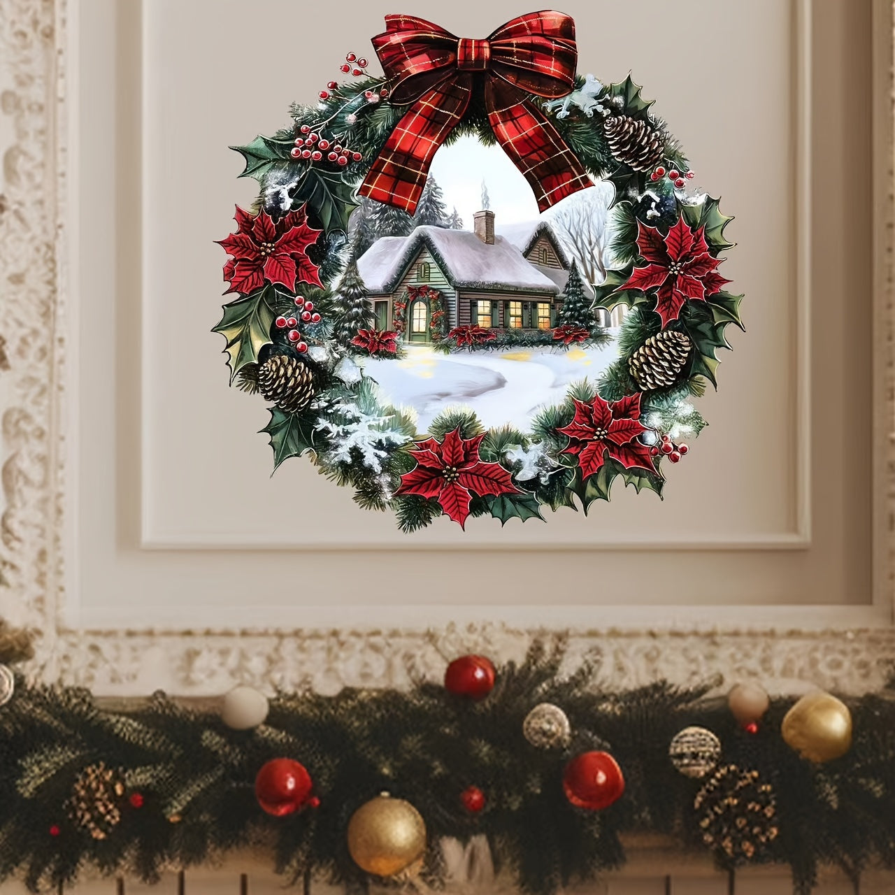 Add festive cheer to your living room with the Christmas Wreath & Snow House Window Cling - a self-adhesive holiday decoration for your glass windows. Bring the magic of Christmas into your home with this charming holiday decor.