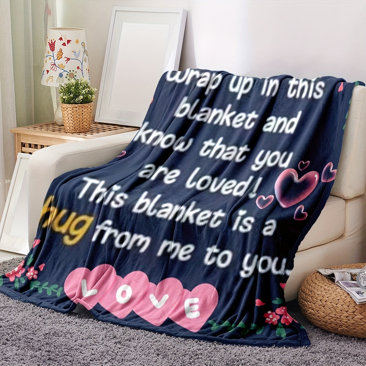 Soft pink love printed blanket perfect for snuggling up with good friends, whether on the couch, in the office, on the bed, or while camping or traveling. This multi-purpose gift blanket is perfect for all seasons and is sure to be loved by all.