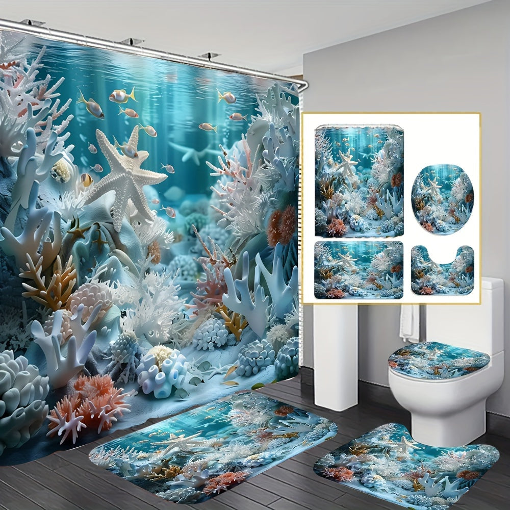 Ocean style shower curtain set with shell and starfish print, includes waterproof curtain, non-slip floor mat, toilet seat cover, bathroom mat, 12 plastic hooks for home decoration.