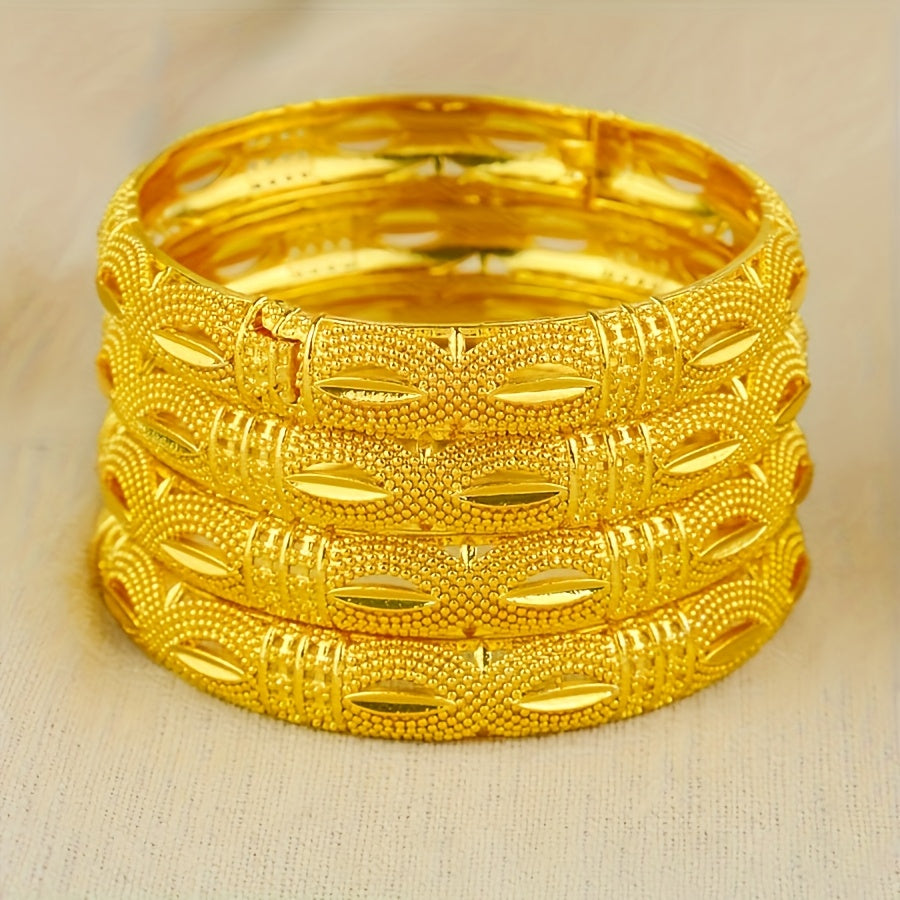 Set of 4 Luxury Bangles Plated in 24K Gold, Inspired by Arabian Style, Made of Copper with an Open Cuff Design, Perfect Fashion Jewelry for Women. Ideal for Weddings, Parties, and Gifting, Suitable for All Seasons.