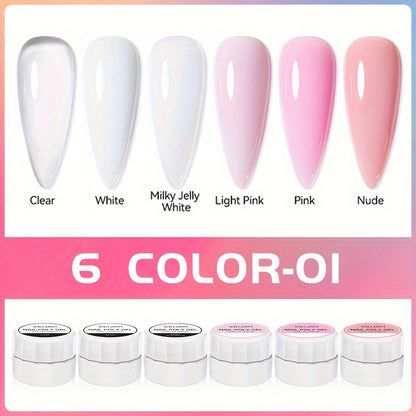 Set of 6 UV cured nail adhesives in various colors, smooth, quick-drying, ideal for nail art and salon use.