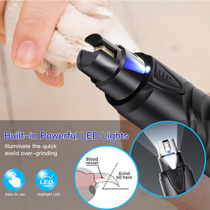 Quiet pet nail grinder for dogs and cats with LED light, rechargeable, 2 speeds, includes nail file and clipper, ideal for large dogs.