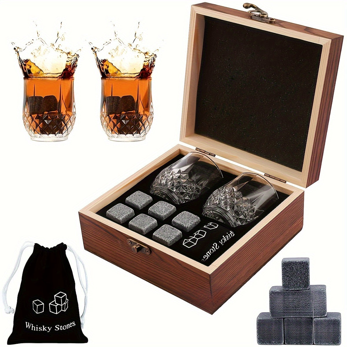 Engraved Glasses Whiskey Stones Gift Set - Includes Reusable Granite Ice Cubes, Wooden Storage Box, Drawstring Bag - Perfect for Father's Day, Anniversaries, Birthdays and Whiskey Lovers