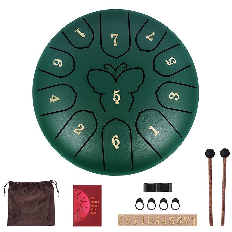 Steel Tongue Drum with 11 Notes, 15.24 cm for Sound Healing and Meditation, includes Carry Bag, Music Book, Sticks, and Accessories.